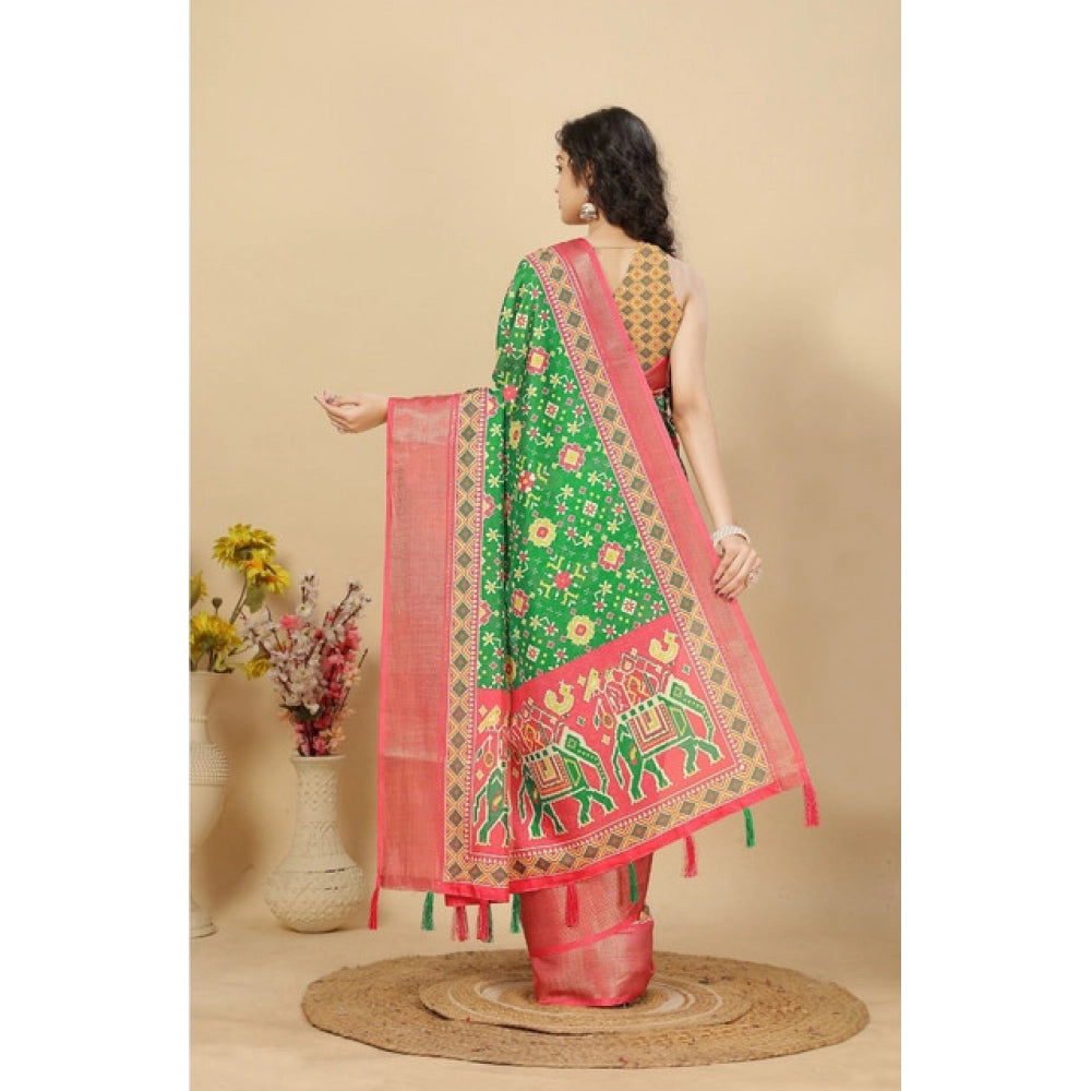 Amfyn Women's Cotton Silk Printed Saree With Unstitched Blouse 5.5Mtr (Green)