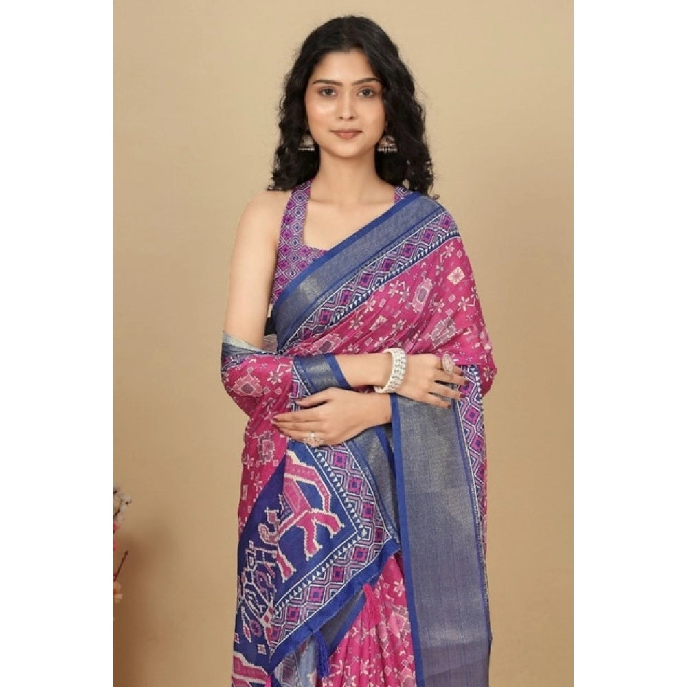 Amfyn Women's Cotton Silk Printed Saree With Unstitched Blouse 5.5Mtr (Pink)