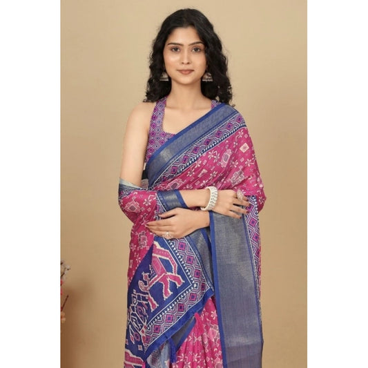 Amfyn Women's Cotton Silk Printed Saree With Unstitched Blouse 5.5Mtr (Pink)