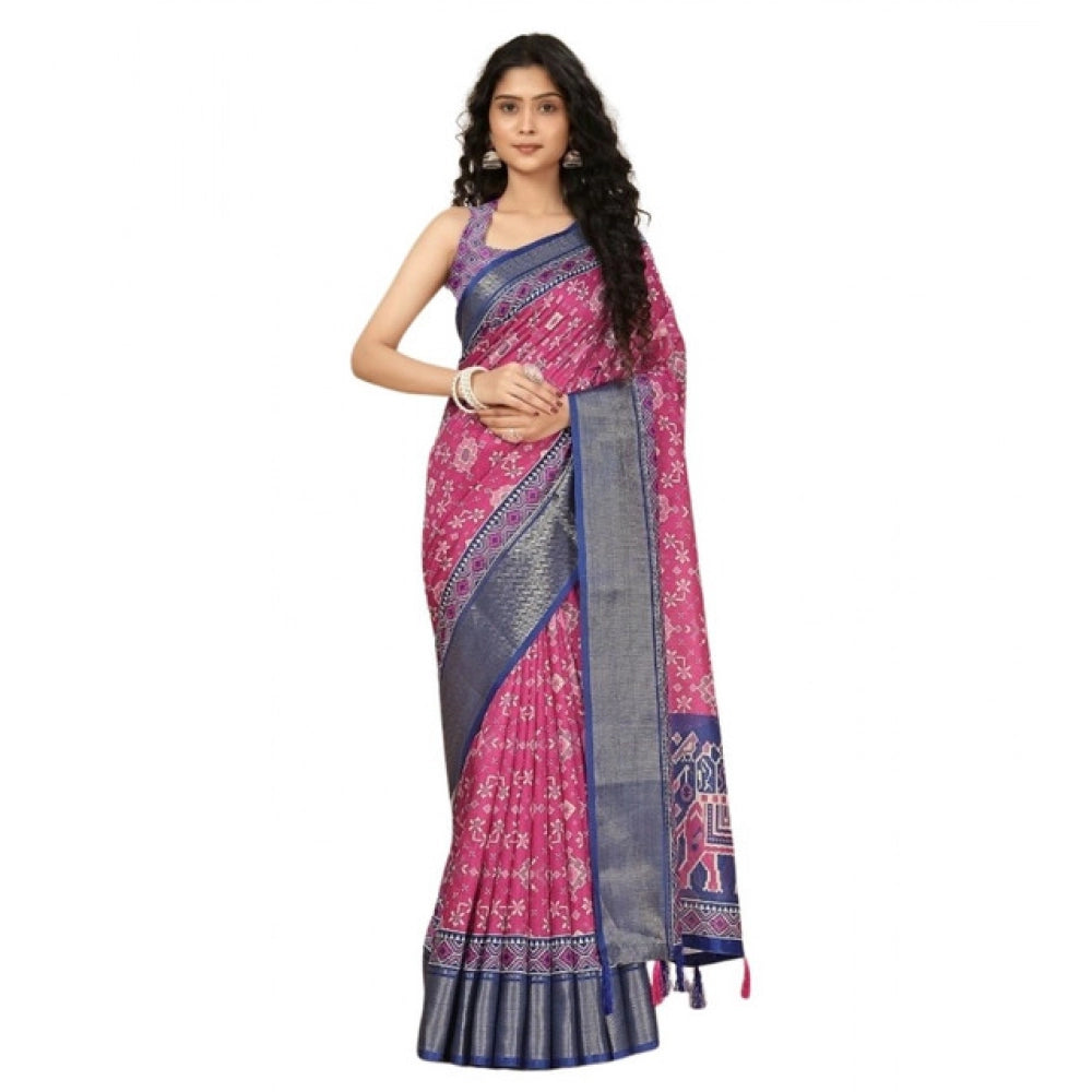 Amfyn Women's Cotton Silk Printed Saree With Unstitched Blouse 5.5Mtr (Pink)