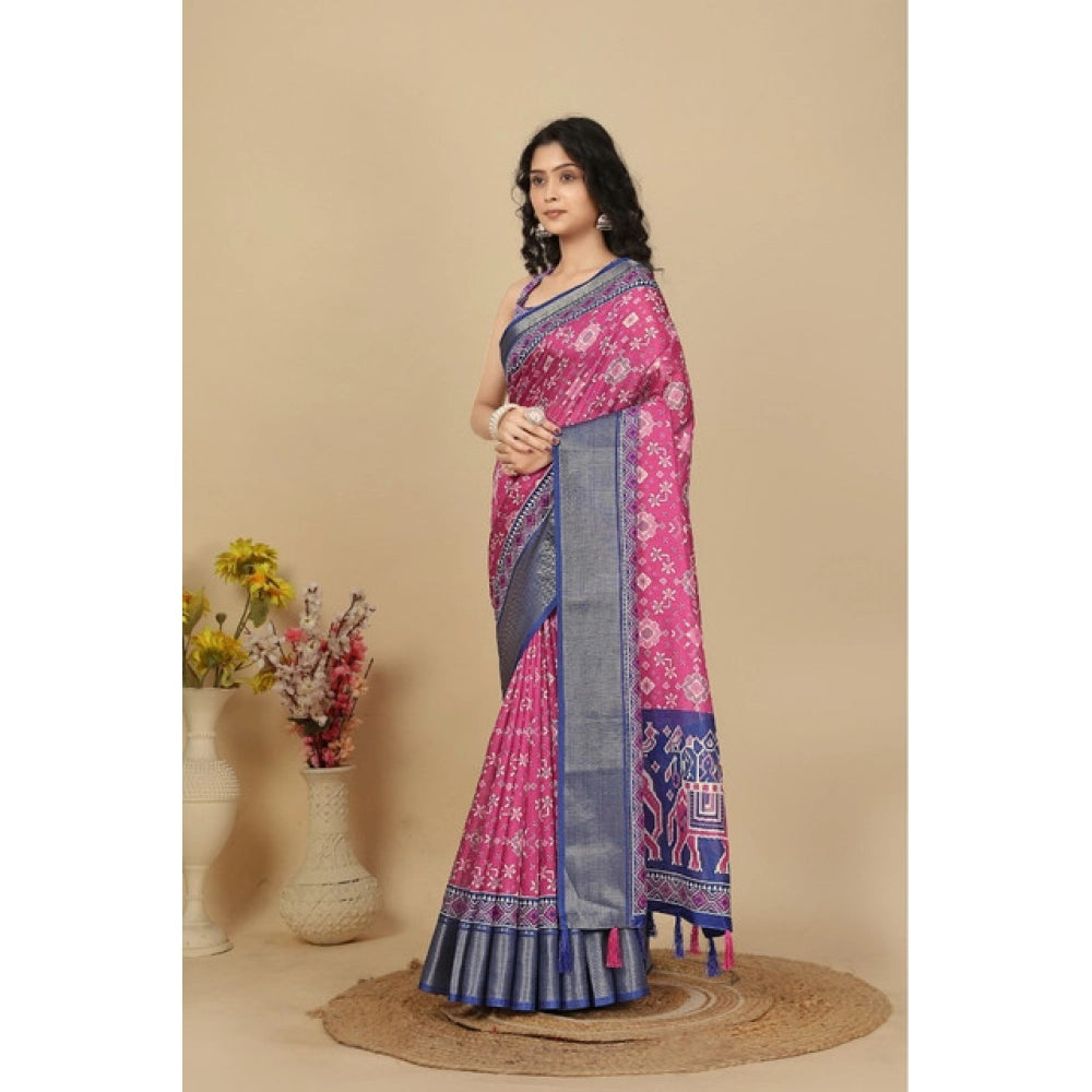 Amfyn Women's Cotton Silk Printed Saree With Unstitched Blouse 5.5Mtr (Pink)