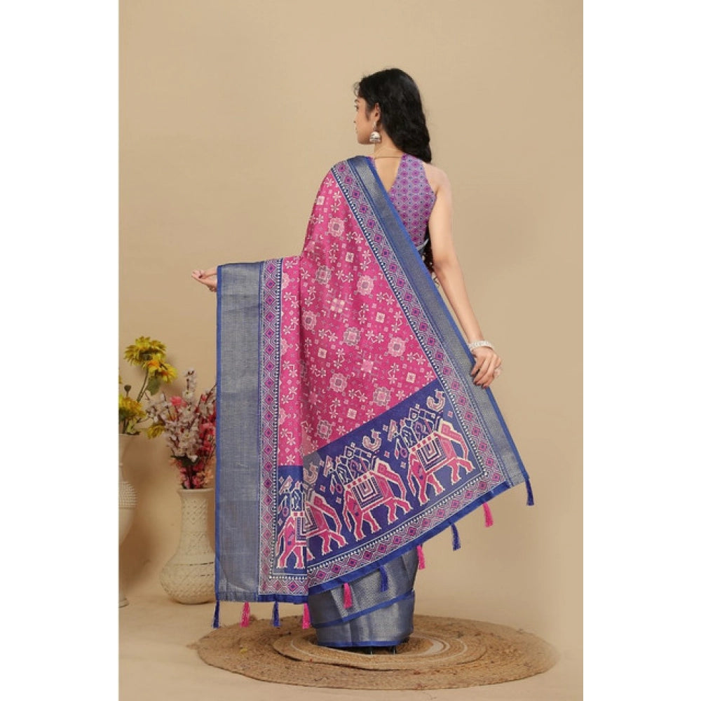 Amfyn Women's Cotton Silk Printed Saree With Unstitched Blouse 5.5Mtr (Pink)