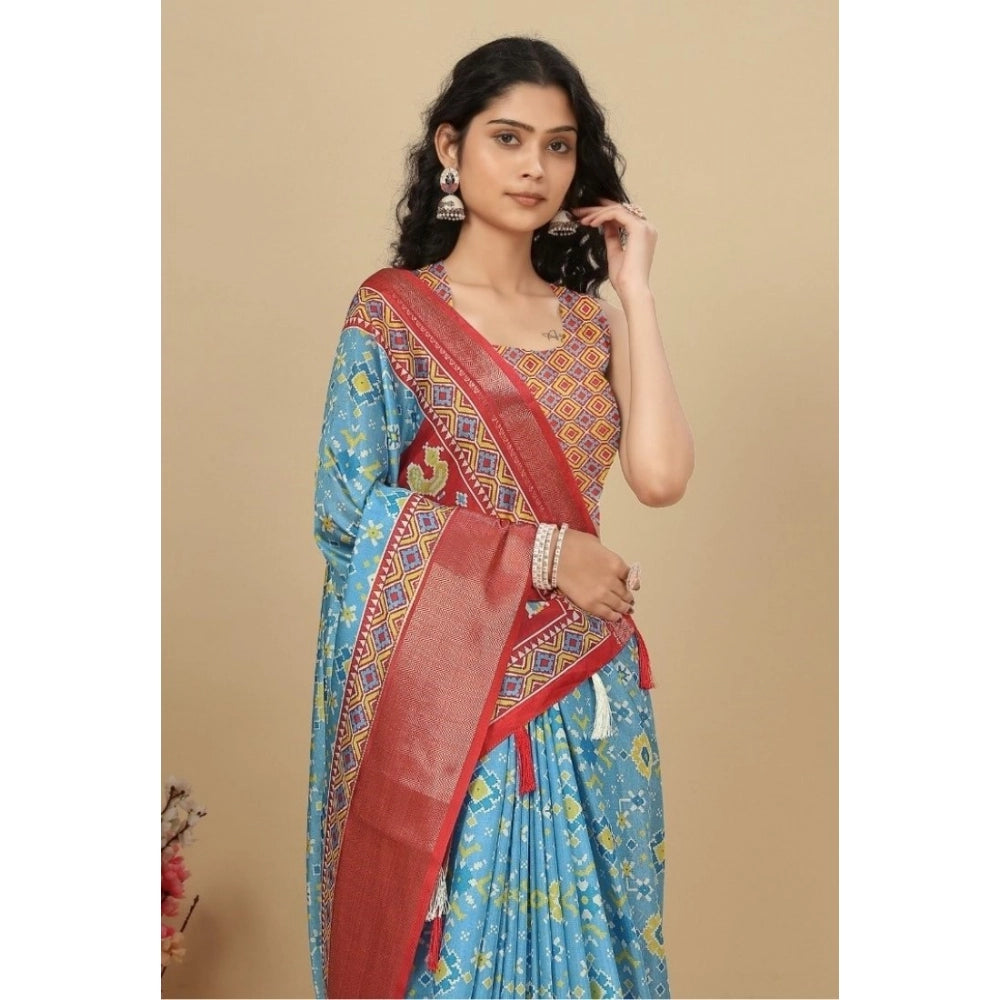Amfyn Women's Cotton Silk Printed Saree With Unstitched Blouse 5.5Mtr (Rama)