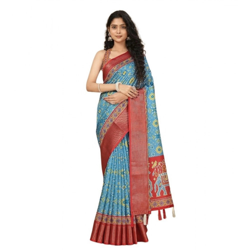 Amfyn Women's Cotton Silk Printed Saree With Unstitched Blouse 5.5Mtr (Rama)