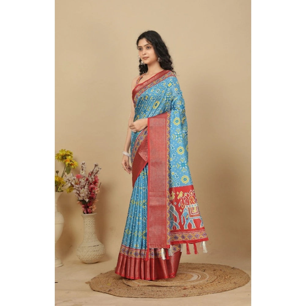 Amfyn Women's Cotton Silk Printed Saree With Unstitched Blouse 5.5Mtr (Rama)