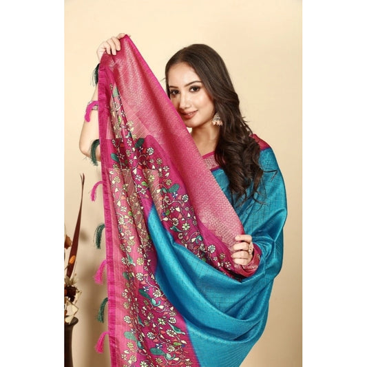 Amfyn Women's Cotton Silk Printed Saree With Unstitched Blouse 5.5Mtr (Blue-Pink)