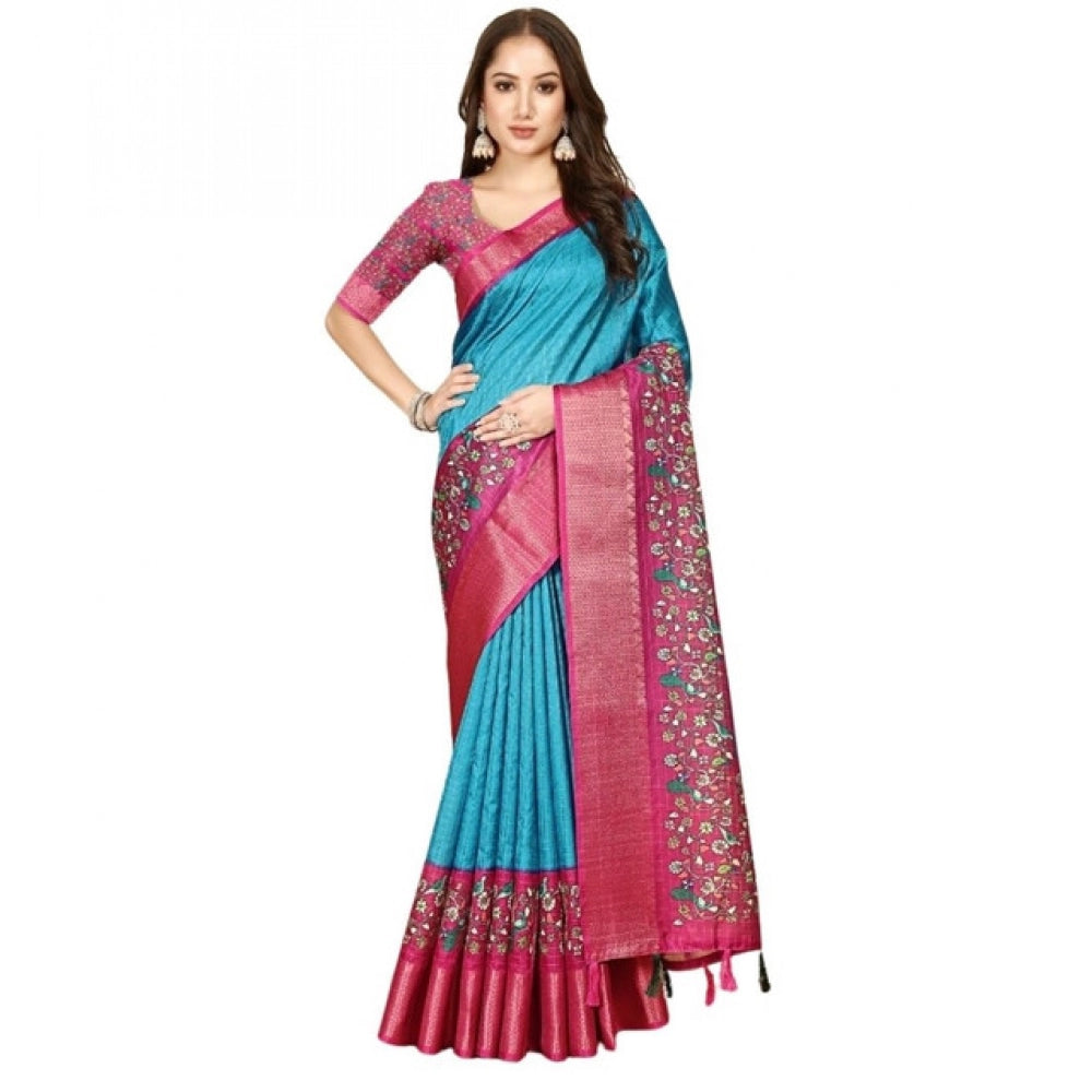 Amfyn Women's Cotton Silk Printed Saree With Unstitched Blouse 5.5Mtr (Blue-Pink)