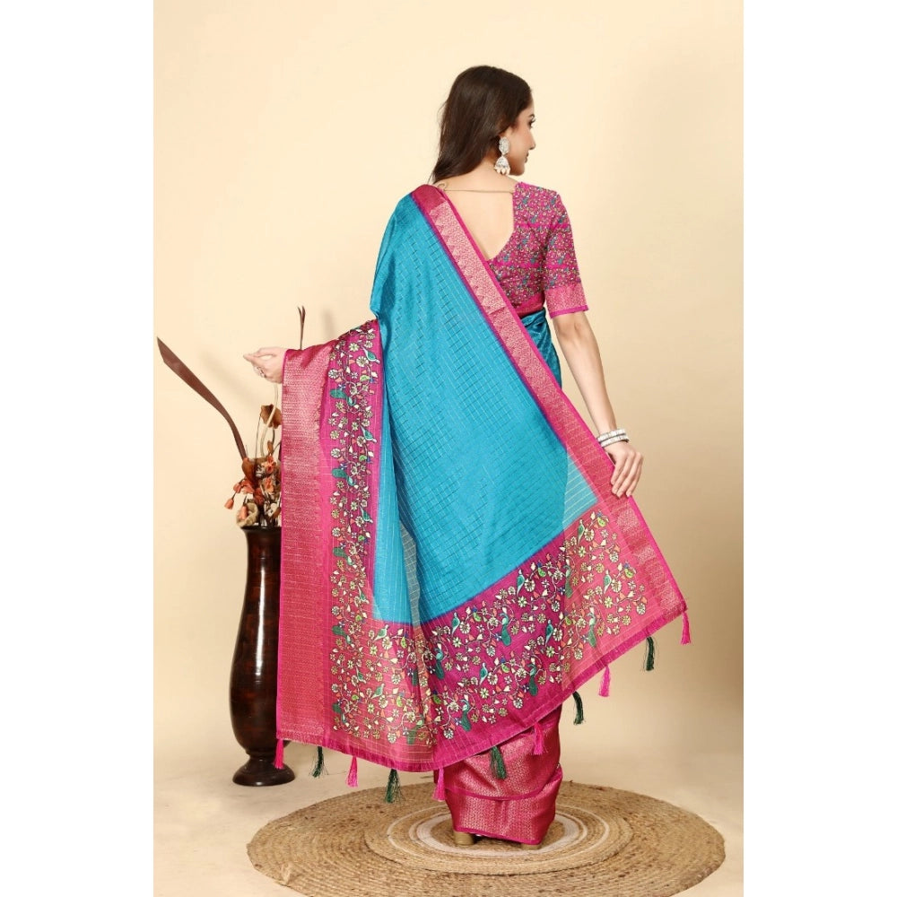 Amfyn Women's Cotton Silk Printed Saree With Unstitched Blouse 5.5Mtr (Blue-Pink)