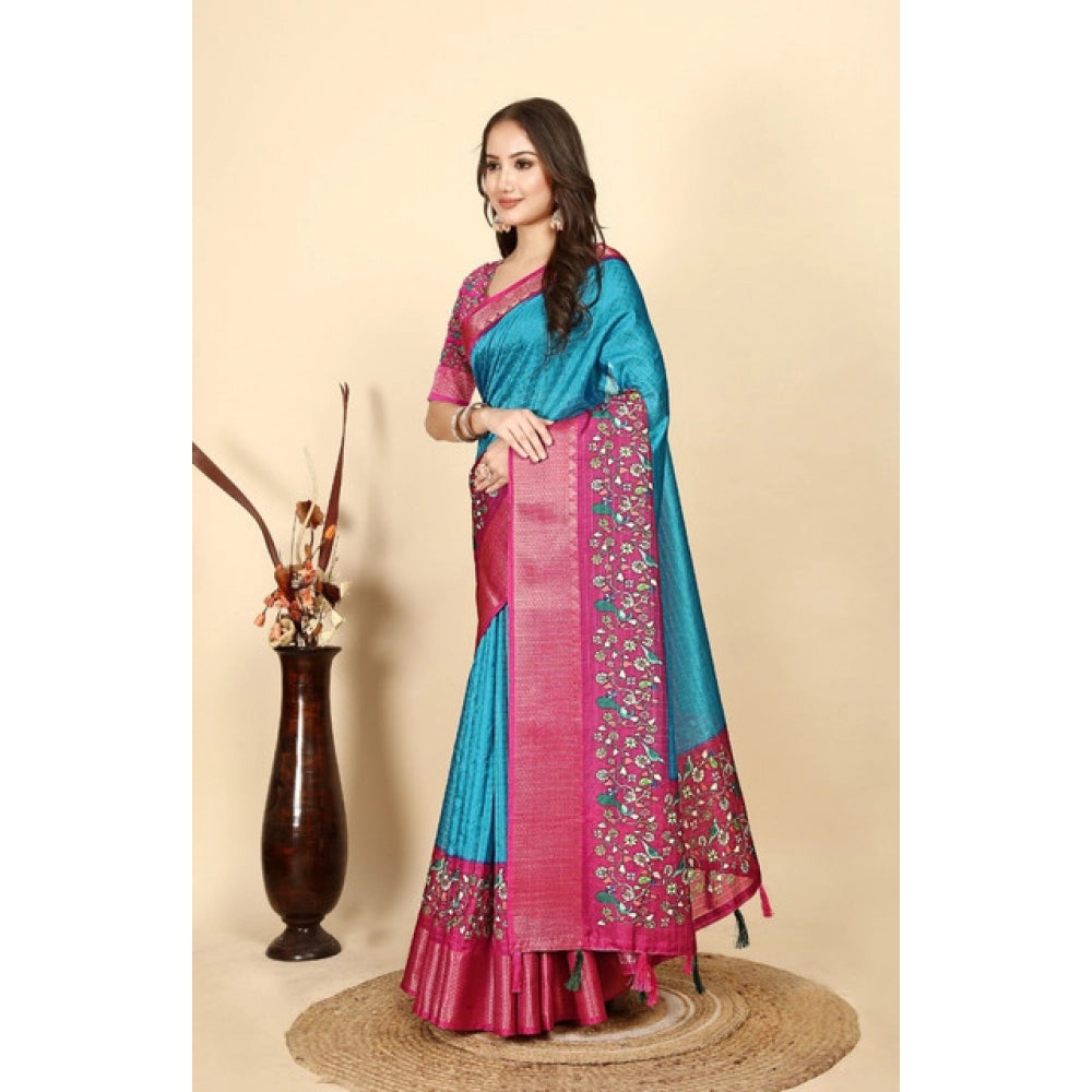 Amfyn Women's Cotton Silk Printed Saree With Unstitched Blouse 5.5Mtr (Blue-Pink)