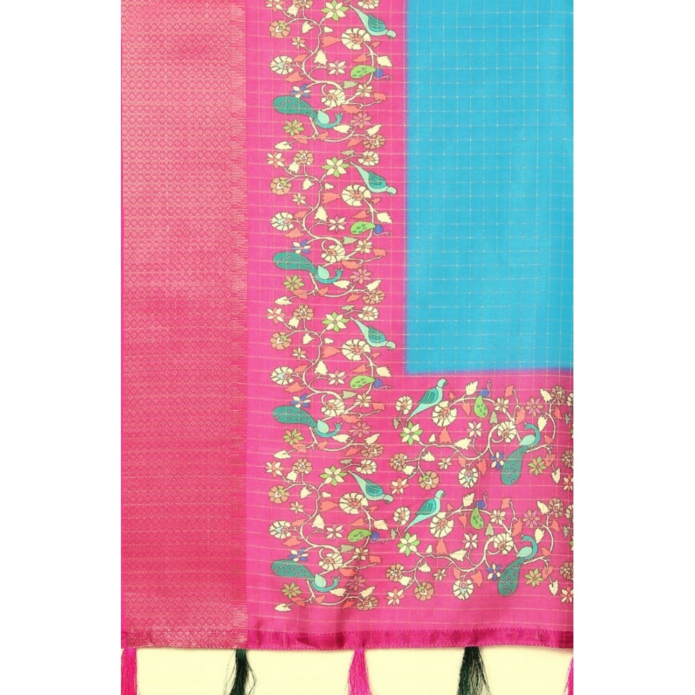 Amfyn Women's Cotton Silk Printed Saree With Unstitched Blouse 5.5Mtr (Blue-Pink)