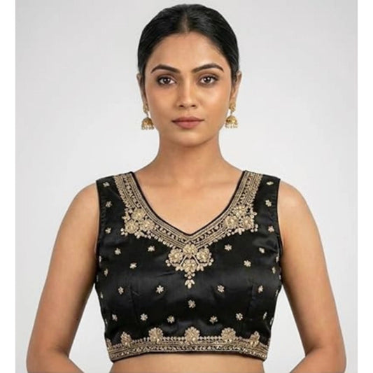 Amfyn Women's Silk Embroidered V-Neck Sleeveless Readymade Padded Blouse (Black, Size 38)