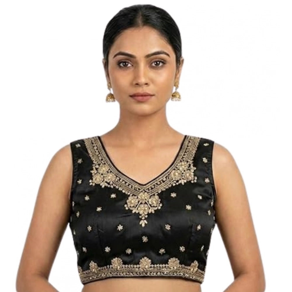 Amfyn Women's Silk Embroidered V-Neck Sleeveless Readymade Padded Blouse (Black, Size 38)