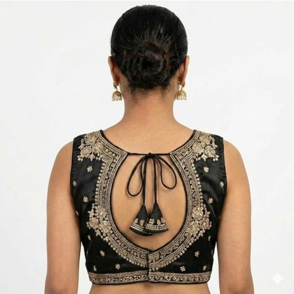 Amfyn Women's Silk Embroidered V-Neck Sleeveless Readymade Padded Blouse (Black, Size 38)