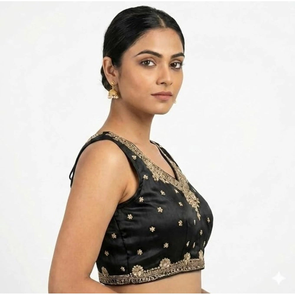 Amfyn Women's Silk Embroidered V-Neck Sleeveless Readymade Padded Blouse (Black, Size 38)
