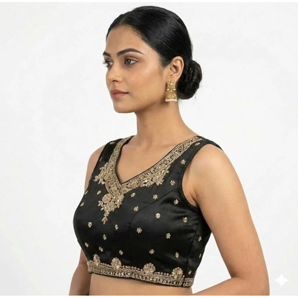 Amfyn Women's Silk Embroidered V-Neck Sleeveless Readymade Padded Blouse (Black, Size 38)