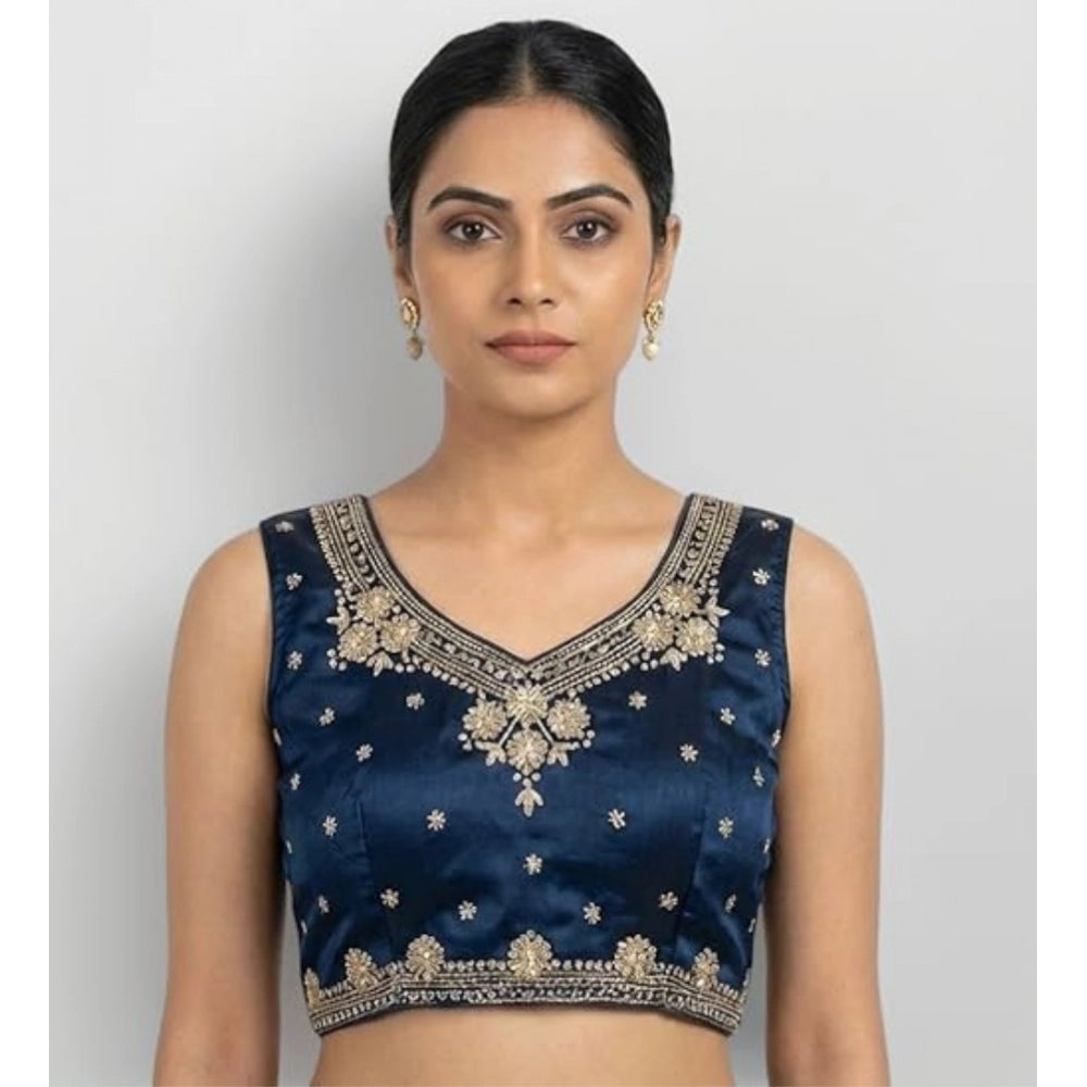 Amfyn Women's Silk Embroidered V-Neck Sleeveless Readymade Padded Blouse (Blue, Size 38)