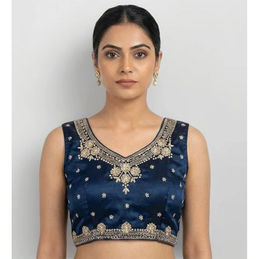 Amfyn Women's Silk Embroidered V-Neck Sleeveless Readymade Padded Blouse (Blue, Size 38)