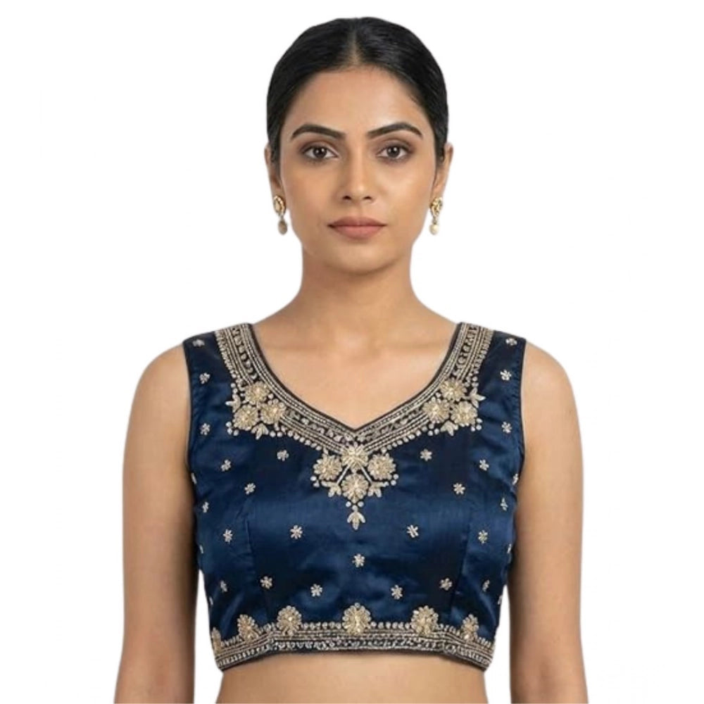 Amfyn Women's Silk Embroidered V-Neck Sleeveless Readymade Padded Blouse (Blue, Size 38)