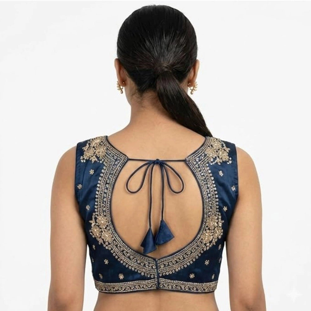 Amfyn Women's Silk Embroidered V-Neck Sleeveless Readymade Padded Blouse (Blue, Size 38)