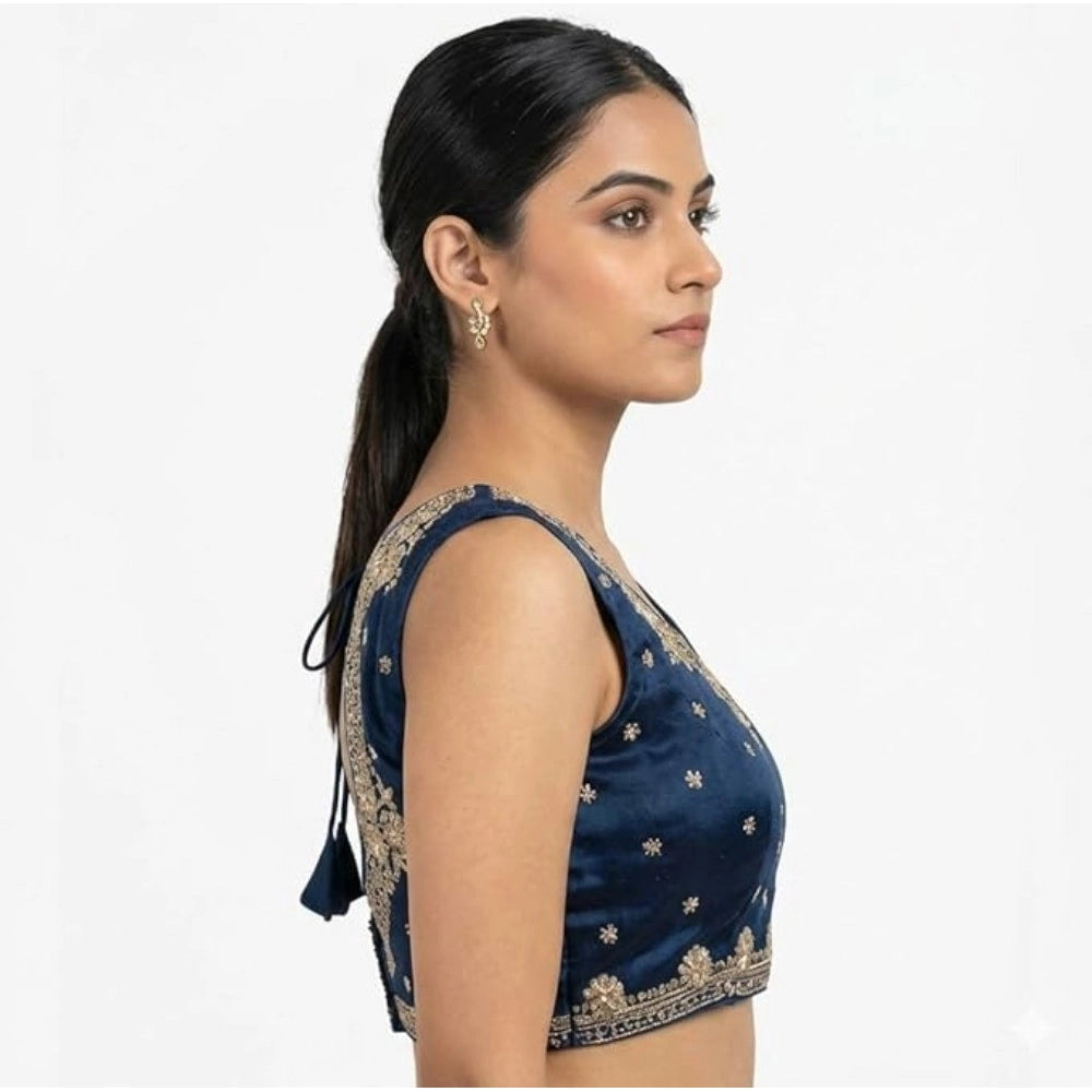 Amfyn Women's Silk Embroidered V-Neck Sleeveless Readymade Padded Blouse (Blue, Size 38)