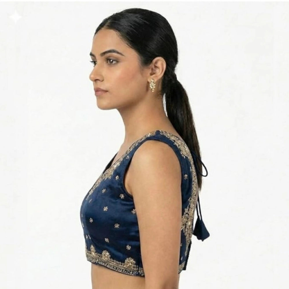 Amfyn Women's Silk Embroidered V-Neck Sleeveless Readymade Padded Blouse (Blue, Size 38)