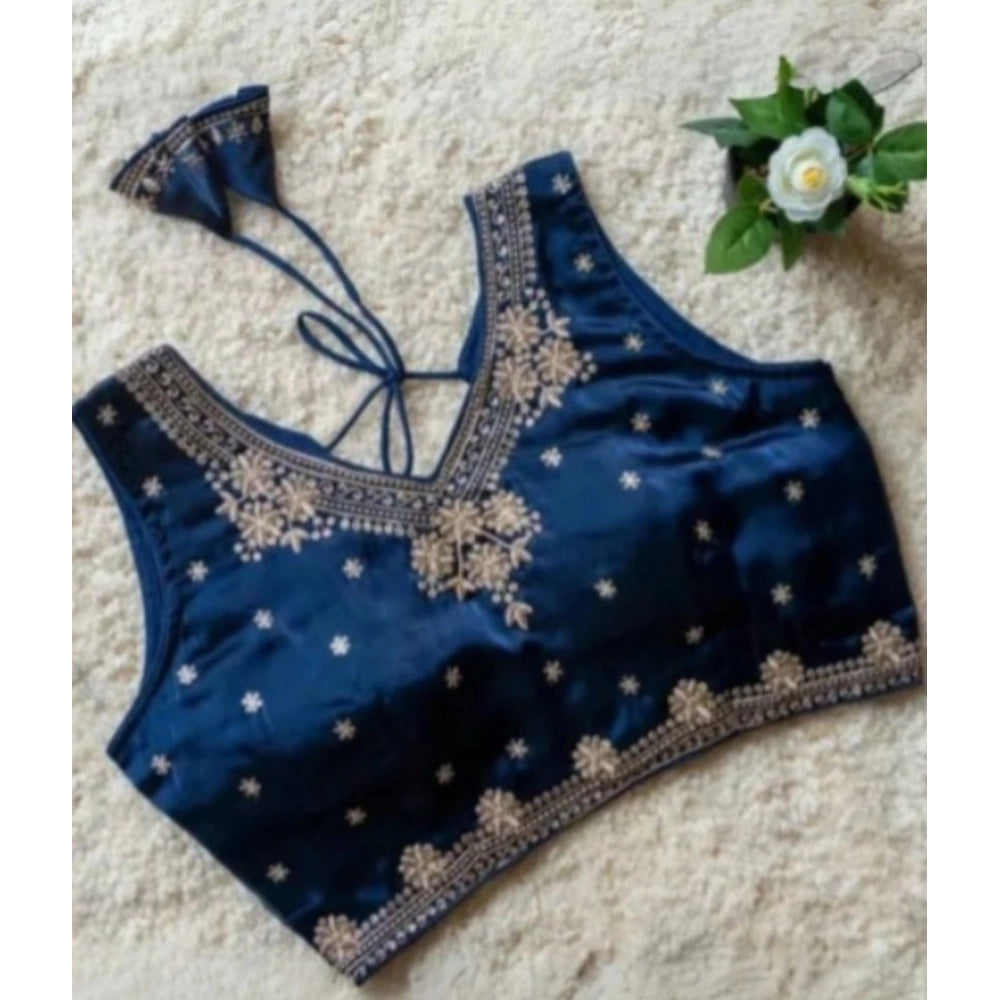 Amfyn Women's Silk Embroidered V-Neck Sleeveless Readymade Padded Blouse (Blue, Size 38)