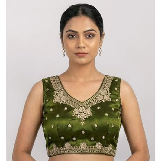 Amfyn Women's Silk Embroidered V-Neck Sleeveless Readymade Padded Blouse (Mahendi, Size 38)