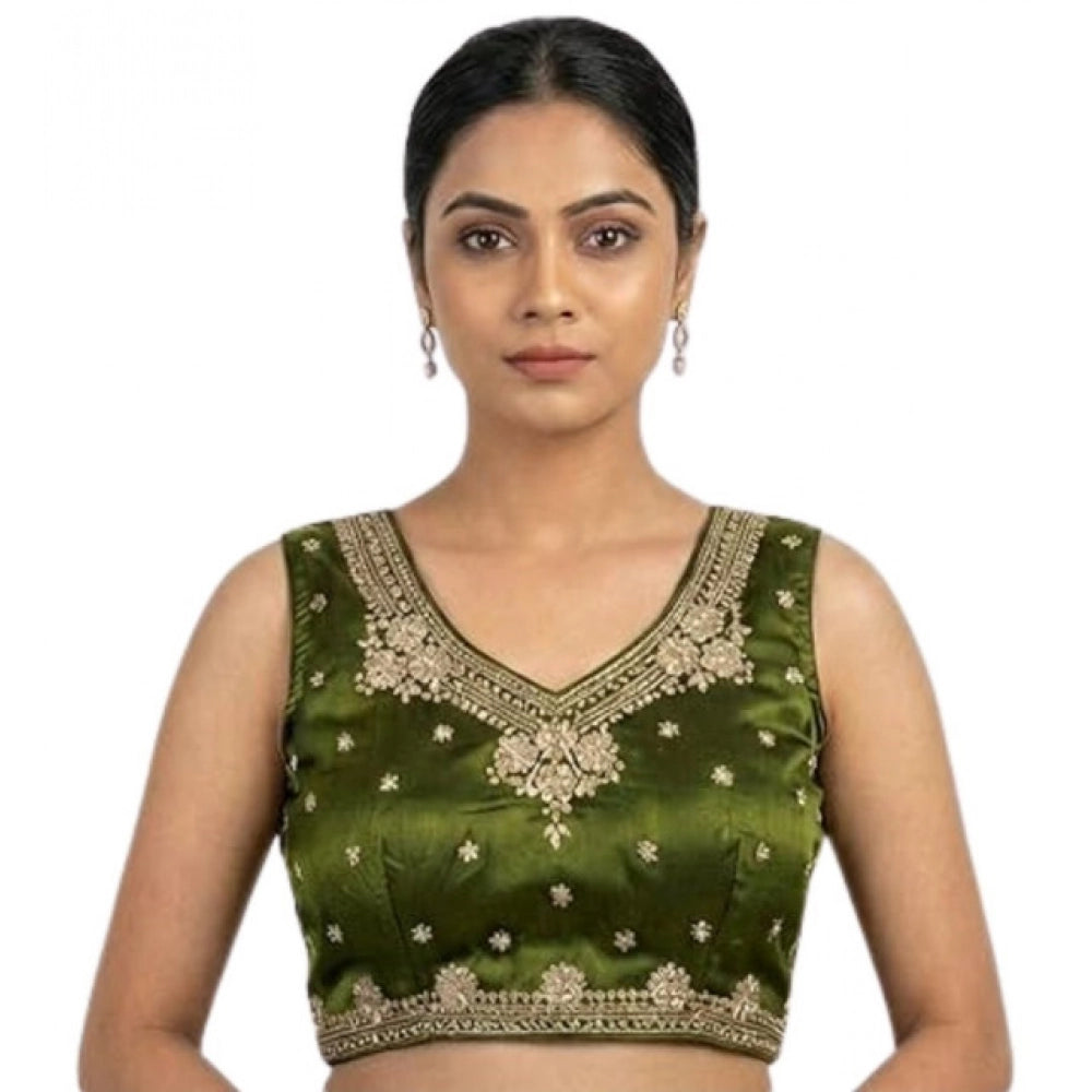 Amfyn Women's Silk Embroidered V-Neck Sleeveless Readymade Padded Blouse (Mahendi, Size 38)
