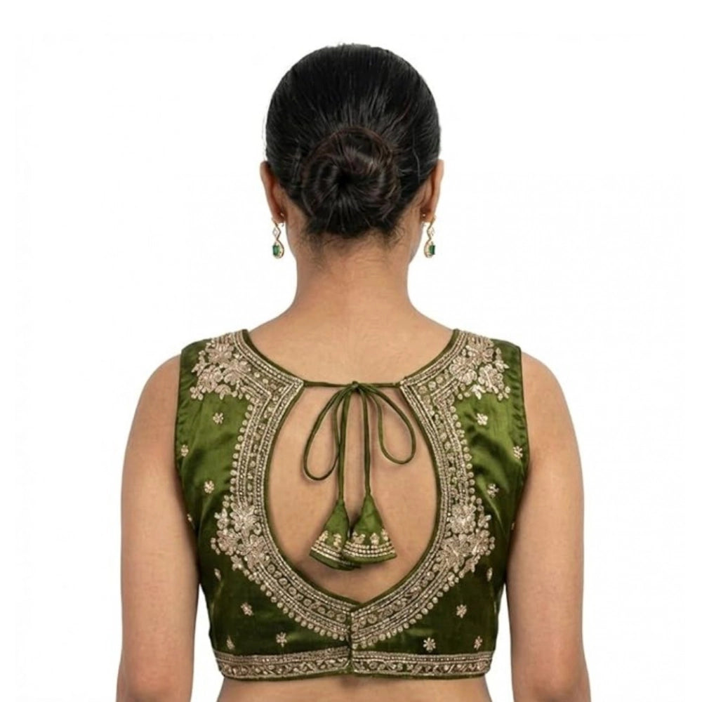Amfyn Women's Silk Embroidered V-Neck Sleeveless Readymade Padded Blouse (Mahendi, Size 38)