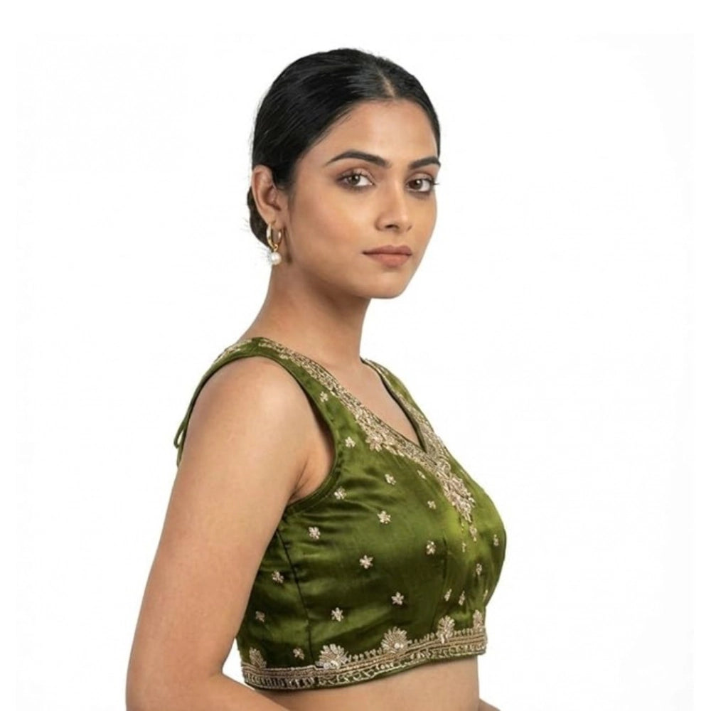 Amfyn Women's Silk Embroidered V-Neck Sleeveless Readymade Padded Blouse (Mahendi, Size 38)
