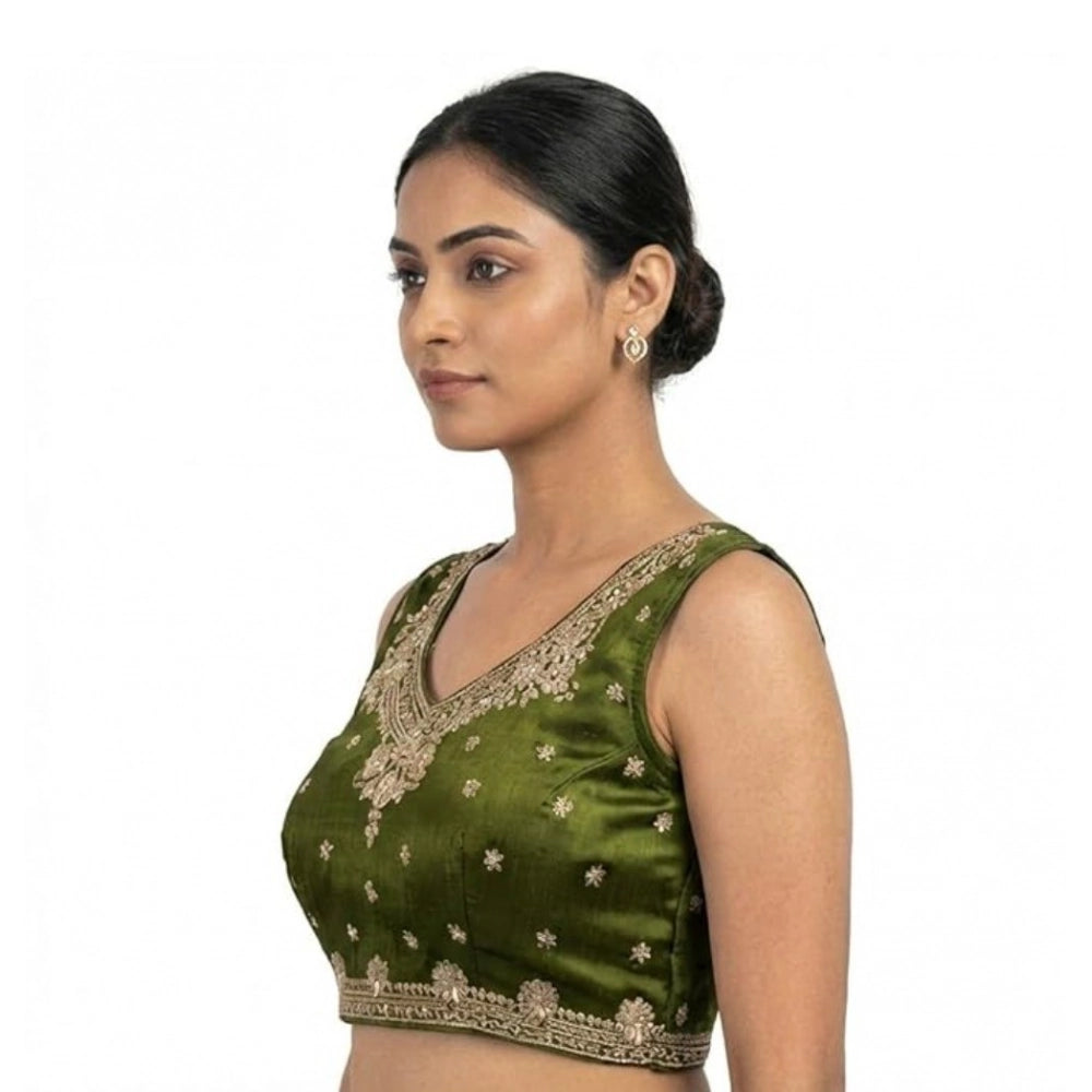 Amfyn Women's Silk Embroidered V-Neck Sleeveless Readymade Padded Blouse (Mahendi, Size 38)