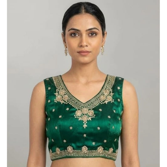 Amfyn Women's Silk Embroidered V-Neck Sleeveless Readymade Padded Blouse (Green, Size 38)