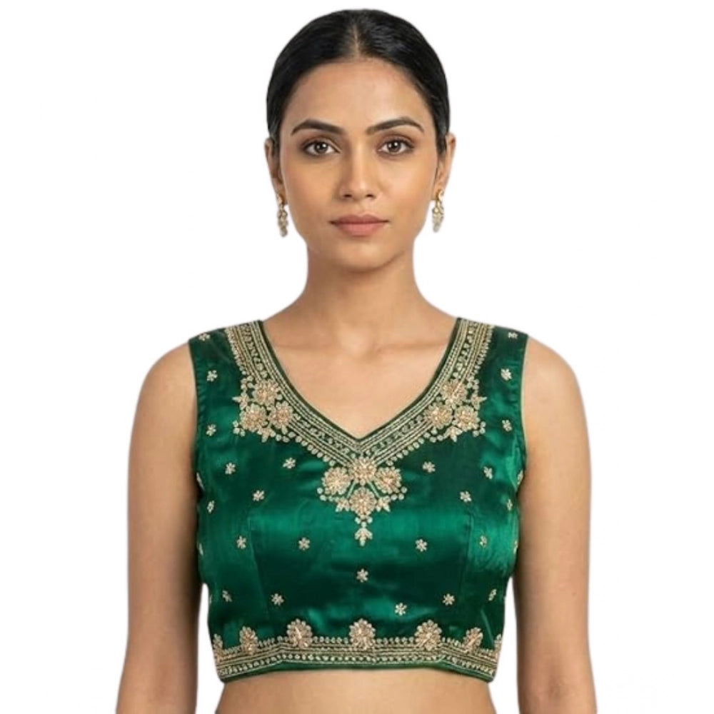 Amfyn Women's Silk Embroidered V-Neck Sleeveless Readymade Padded Blouse (Green, Size 38)