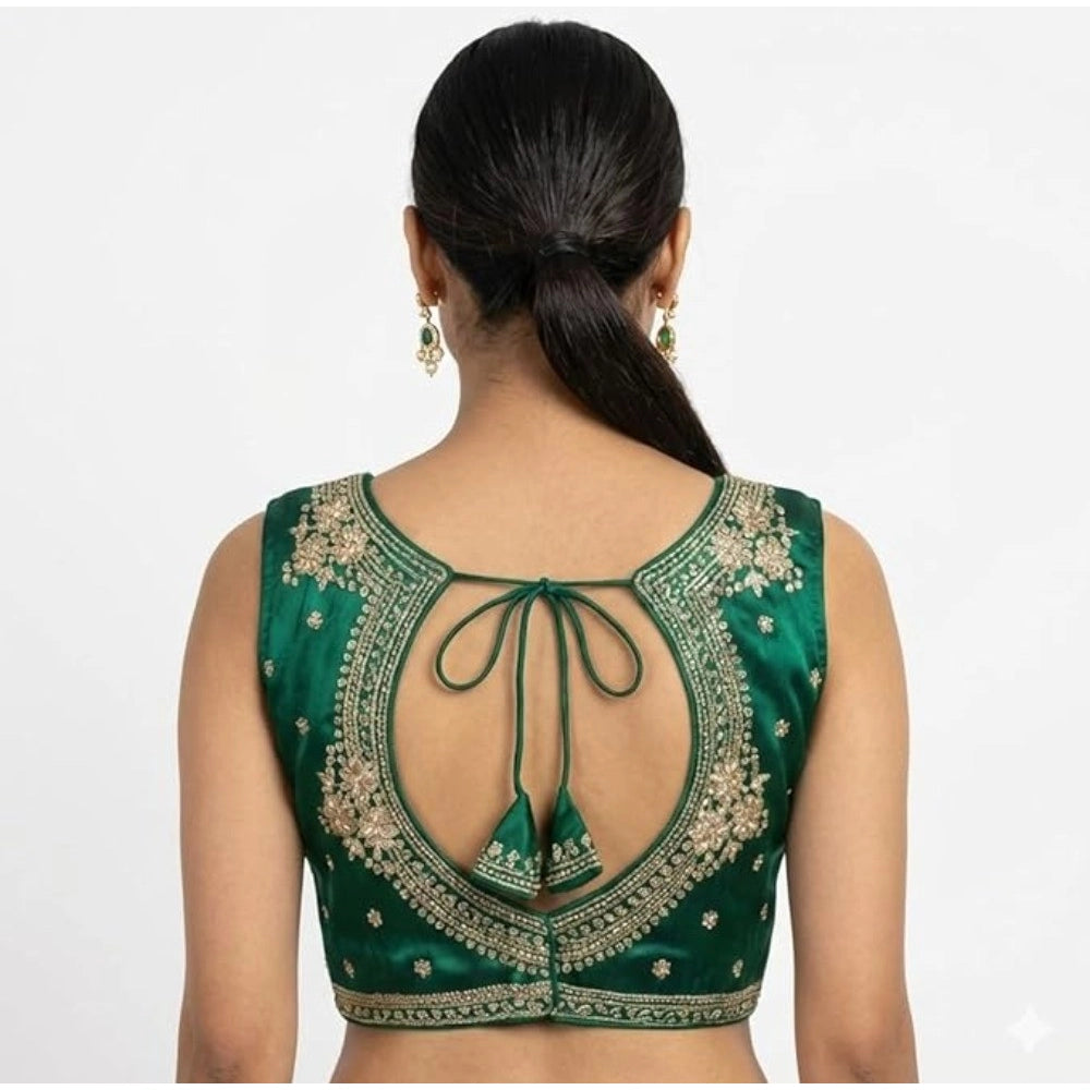 Amfyn Women's Silk Embroidered V-Neck Sleeveless Readymade Padded Blouse (Green, Size 38)