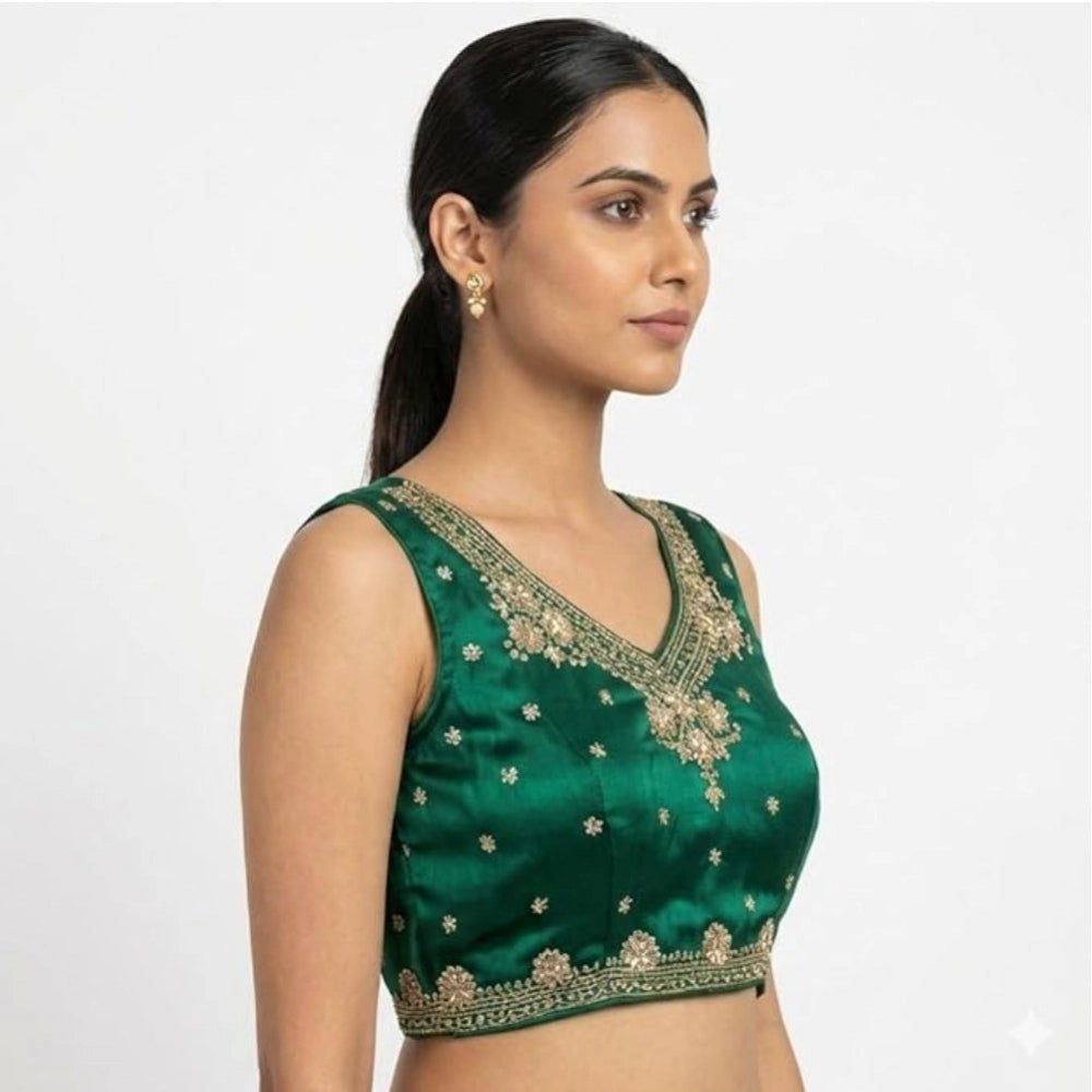 Amfyn Women's Silk Embroidered V-Neck Sleeveless Readymade Padded Blouse (Green, Size 38)