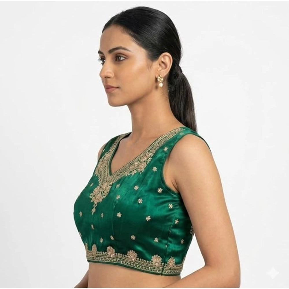 Amfyn Women's Silk Embroidered V-Neck Sleeveless Readymade Padded Blouse (Green, Size 38)