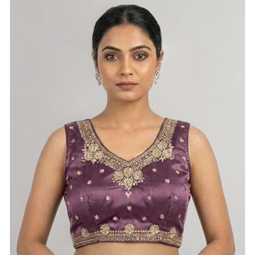 Amfyn Women's Silk Embroidered V-Neck Sleeveless Readymade Padded Blouse (Purple, Size 38)