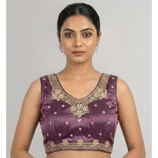 Amfyn Women's Silk Embroidered V-Neck Sleeveless Readymade Padded Blouse (Purple, Size 38)