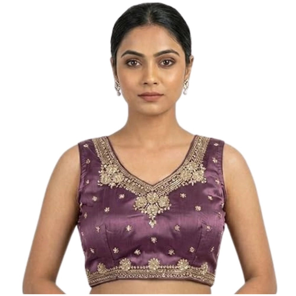 Amfyn Women's Silk Embroidered V-Neck Sleeveless Readymade Padded Blouse (Purple, Size 38)