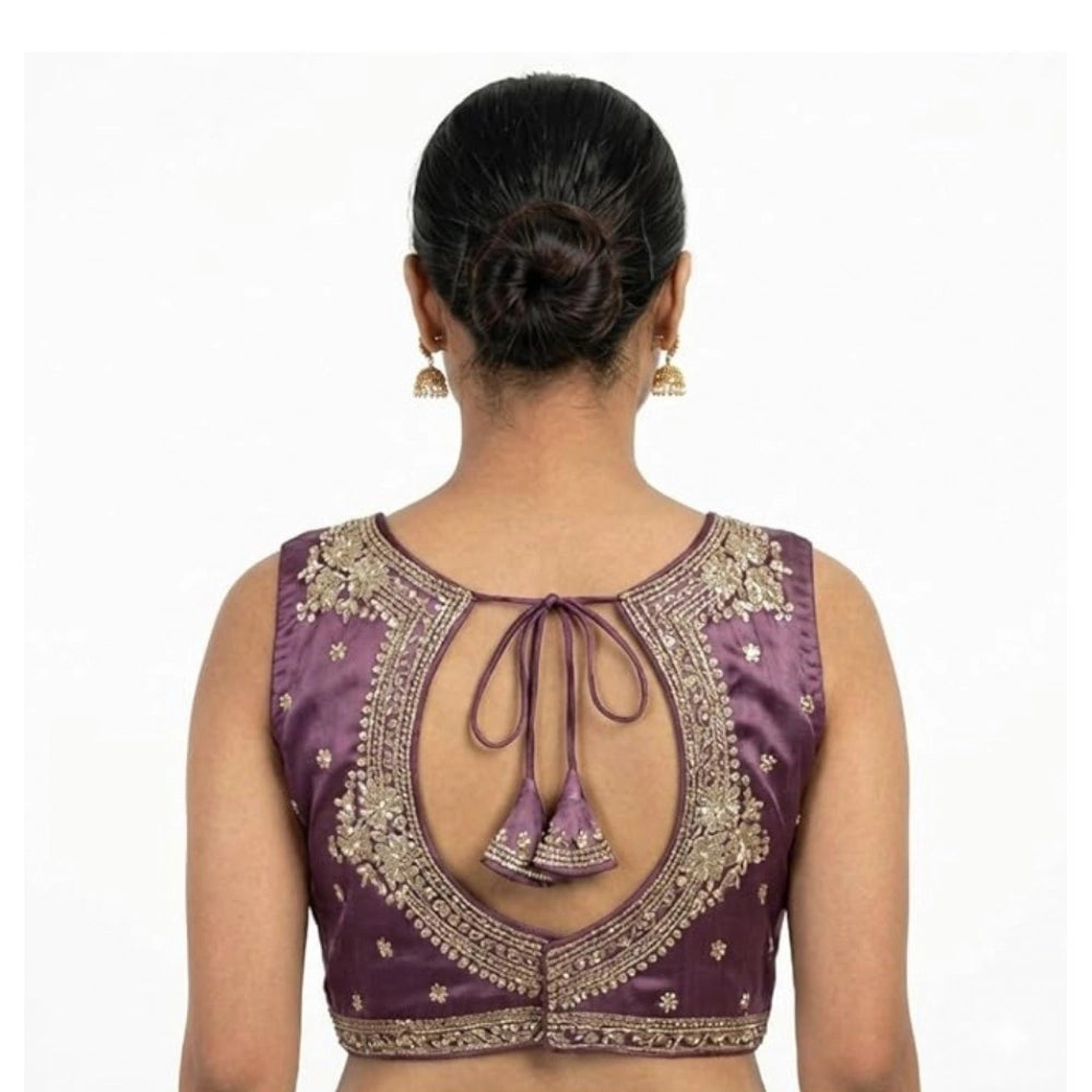 Amfyn Women's Silk Embroidered V-Neck Sleeveless Readymade Padded Blouse (Purple, Size 38)