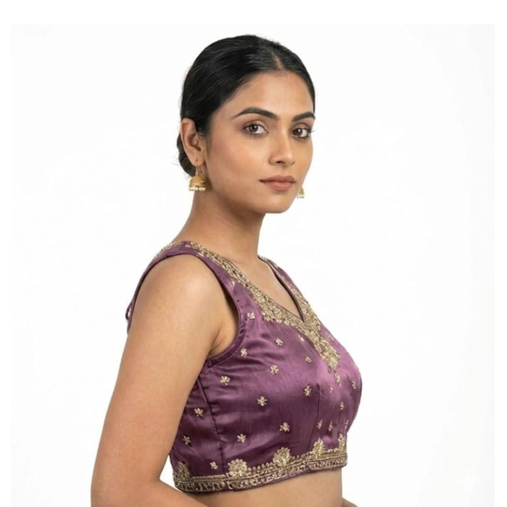 Amfyn Women's Silk Embroidered V-Neck Sleeveless Readymade Padded Blouse (Purple, Size 38)