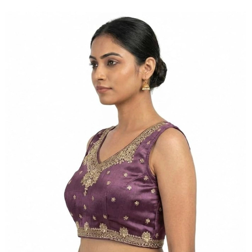 Amfyn Women's Silk Embroidered V-Neck Sleeveless Readymade Padded Blouse (Purple, Size 38)