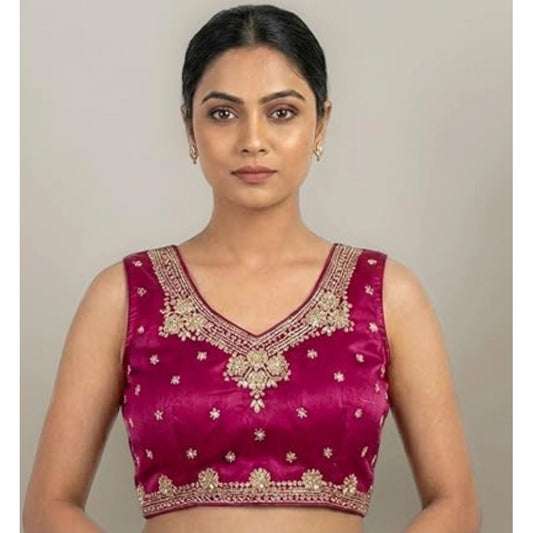 Amfyn Women's Silk Embroidered V-Neck Sleeveless Readymade Padded Blouse (Pink, Size 38)