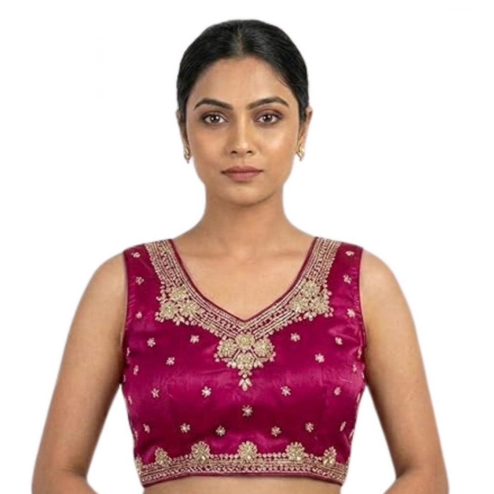 Amfyn Women's Silk Embroidered V-Neck Sleeveless Readymade Padded Blouse (Pink, Size 38)