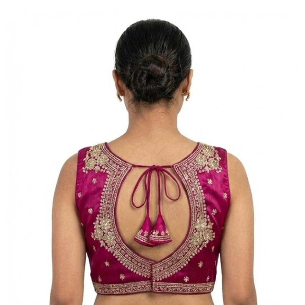 Amfyn Women's Silk Embroidered V-Neck Sleeveless Readymade Padded Blouse (Pink, Size 38)