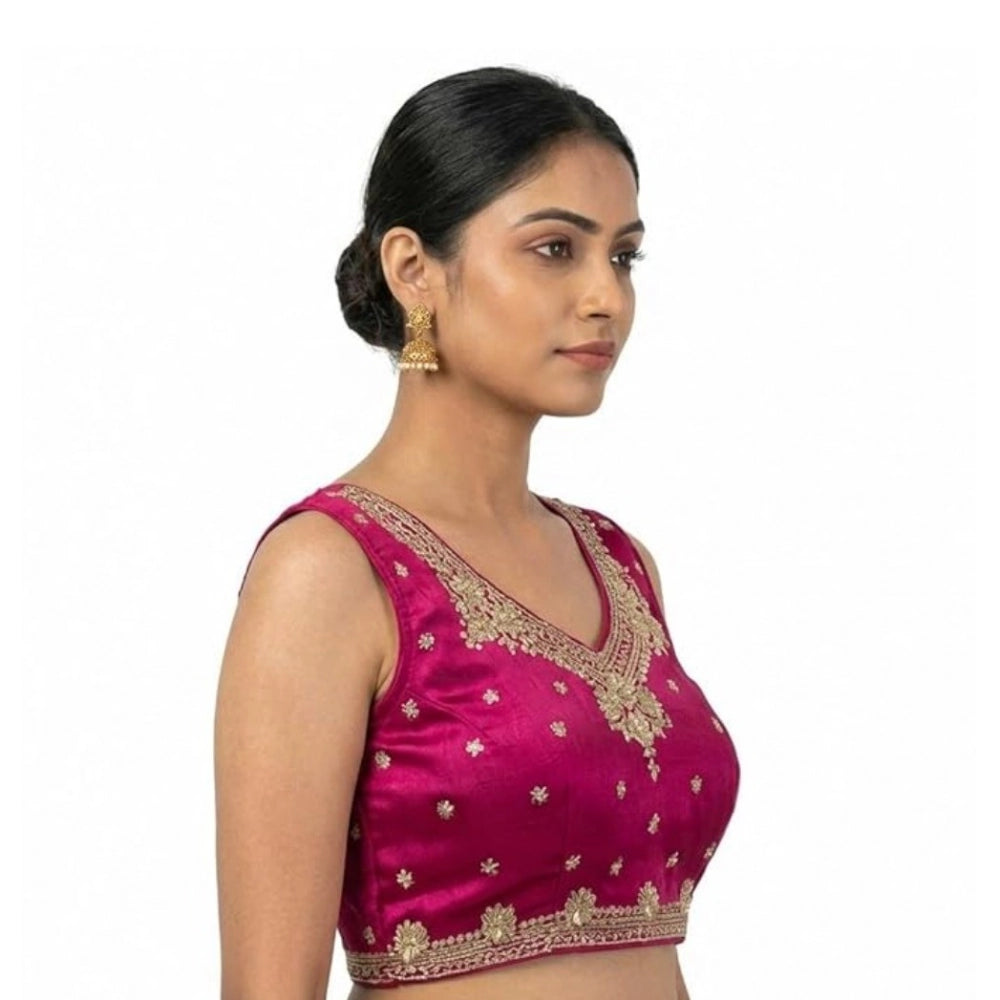 Amfyn Women's Silk Embroidered V-Neck Sleeveless Readymade Padded Blouse (Pink, Size 38)