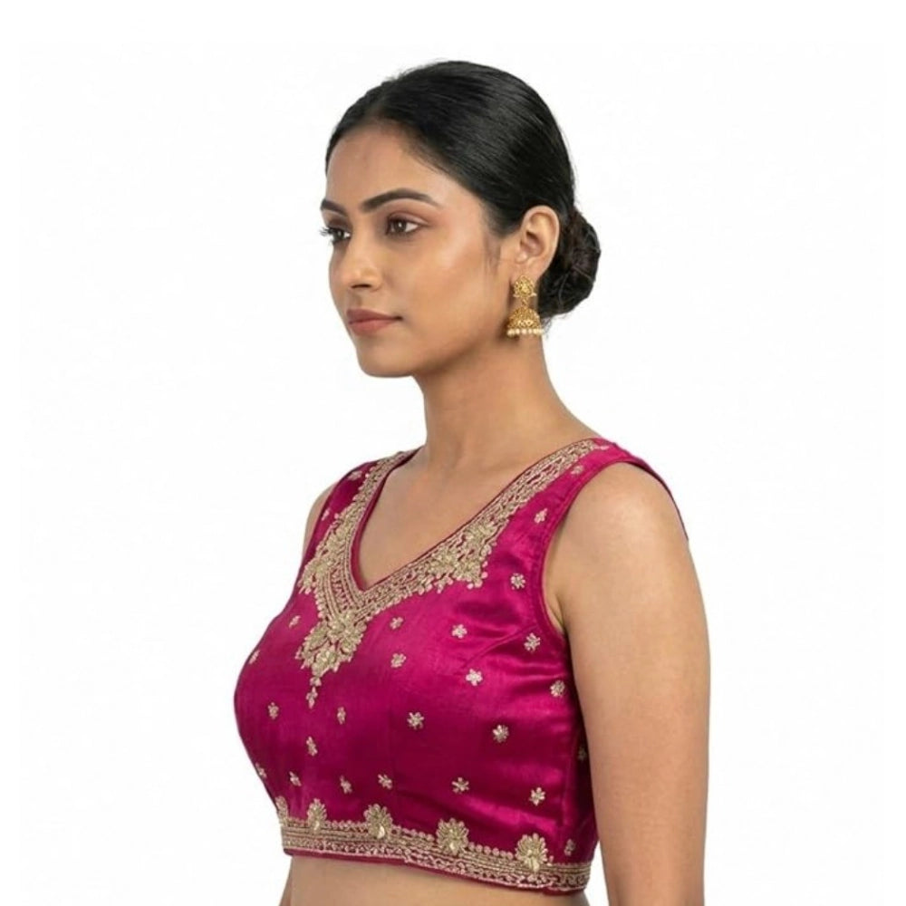 Amfyn Women's Silk Embroidered V-Neck Sleeveless Readymade Padded Blouse (Pink, Size 38)
