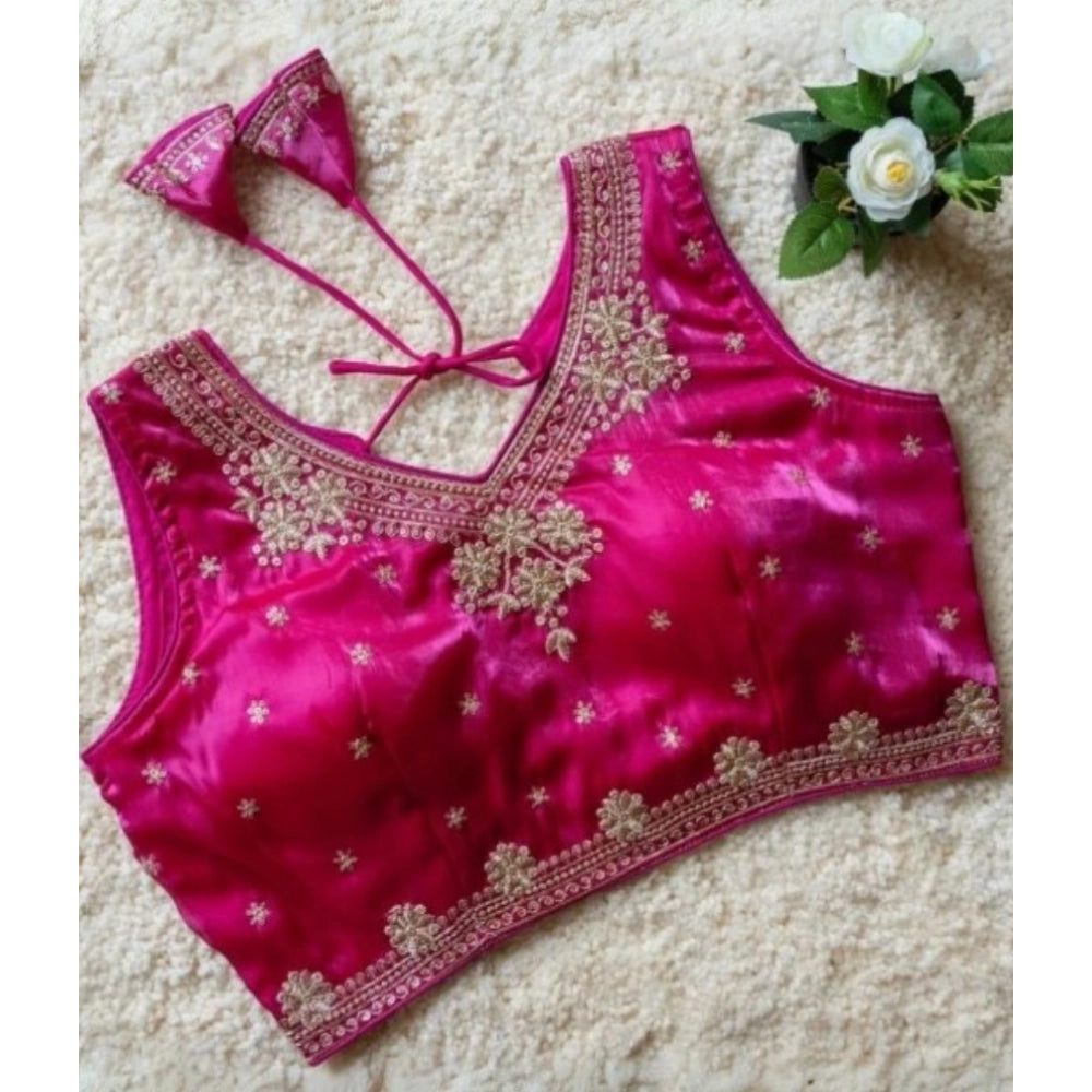 Amfyn Women's Silk Embroidered V-Neck Sleeveless Readymade Padded Blouse (Pink, Size 38)