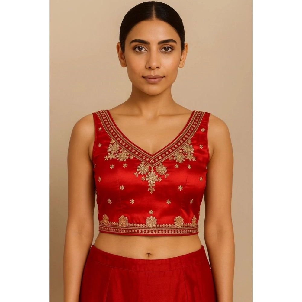 Amfyn Women's Silk Embroidered V-Neck Sleeveless Readymade Padded Blouse (Red, Size 38)
