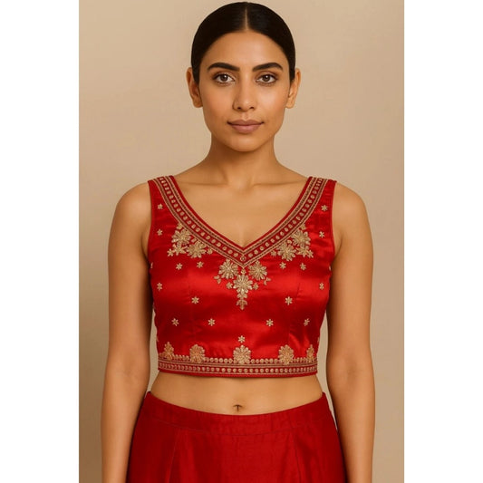 Amfyn Women's Silk Embroidered V-Neck Sleeveless Readymade Padded Blouse (Red, Size 38)